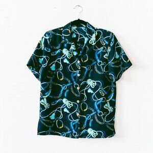 Vintage 90s Short-Sleeve Blouse w/ Baroque Equestrian Hardware Print – Medium